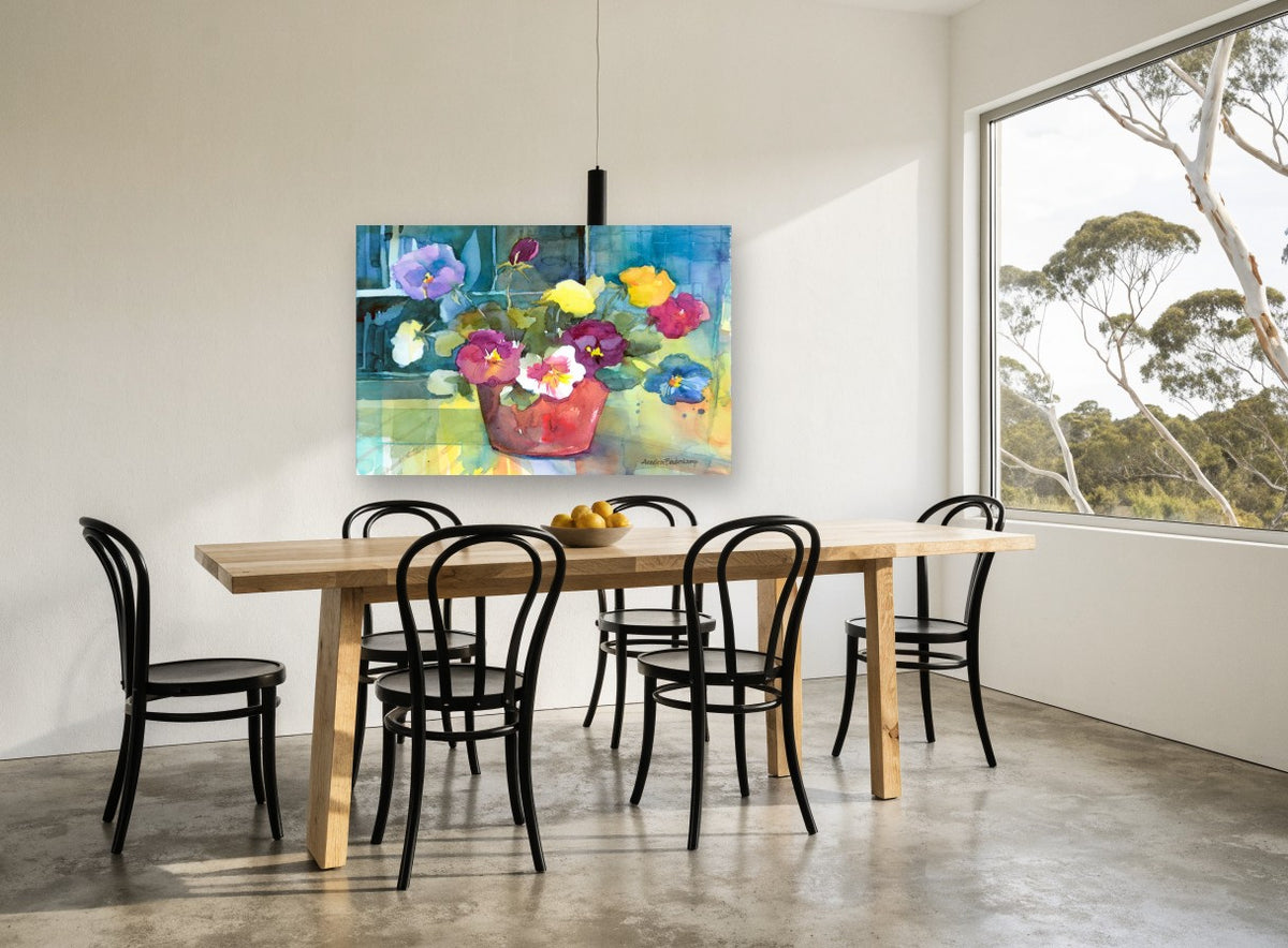 Pansies in Terracotta floral canvas print on the wall of a dining room
