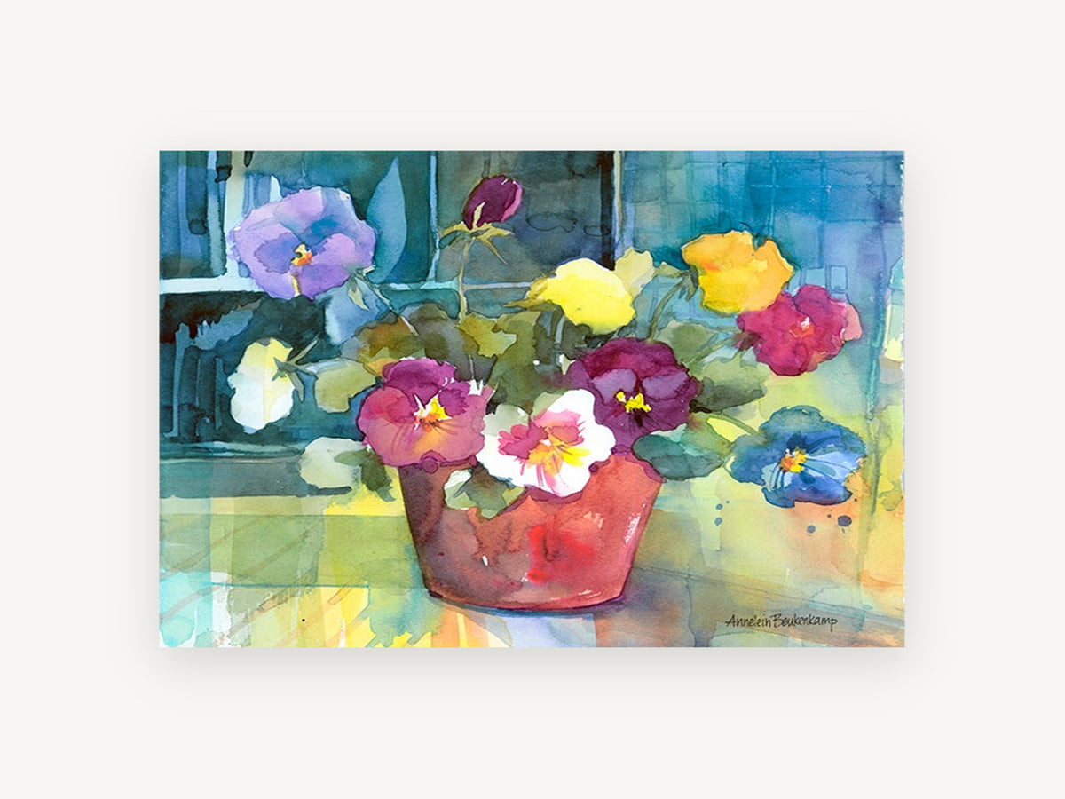 Pansies in Terracotta, floral canvas wall art print, front view