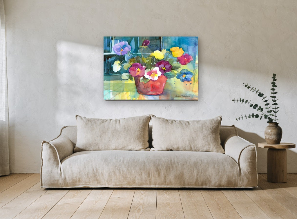 Pansies in Terracotta floral canvas print on the wall of a living room