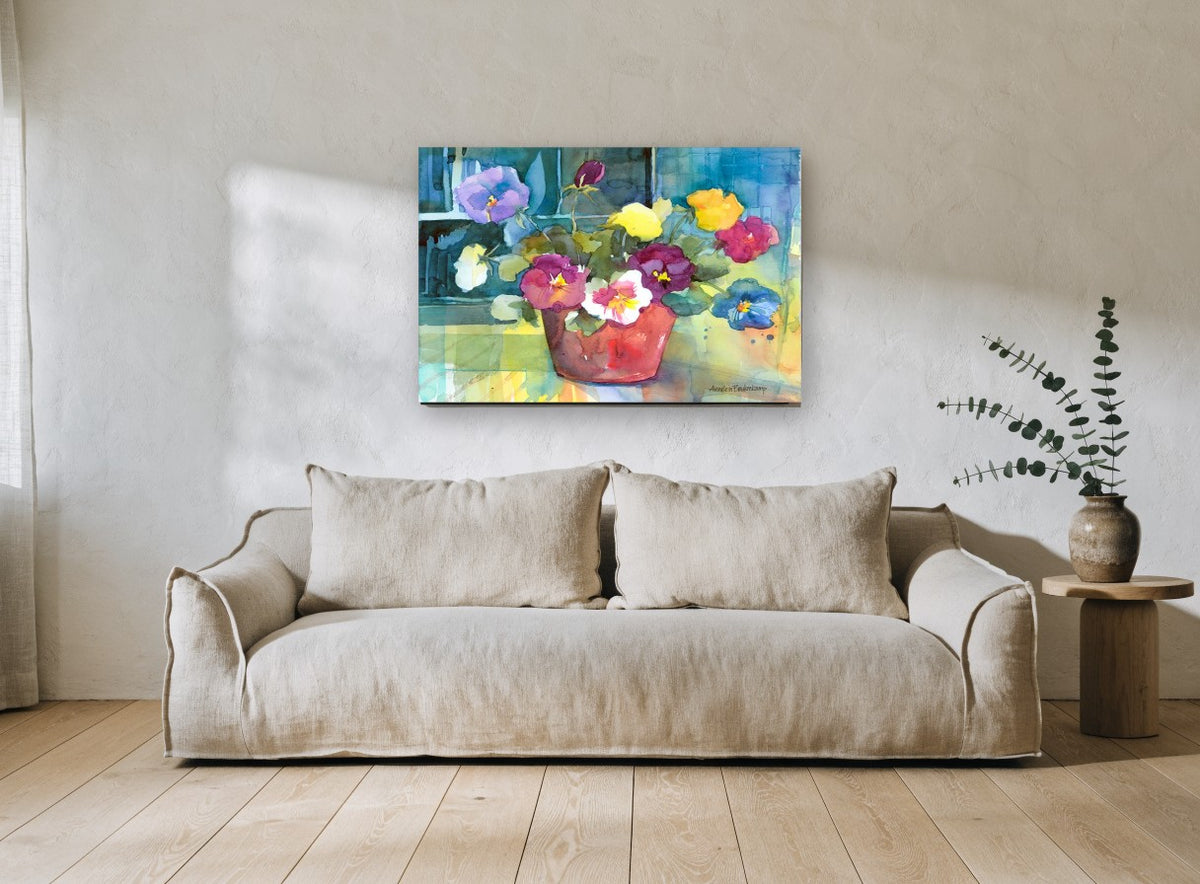 Pansies in Terracotta floral canvas print on the wall of a living room