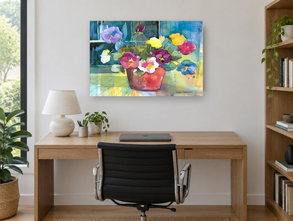 Pansies in Terracotta floral canvas print on the wall of a study