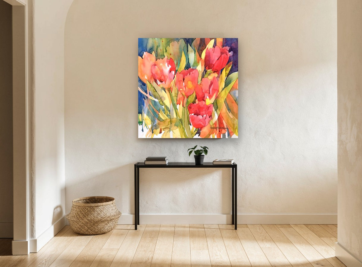 Tulips in Warm Light floral canvas print on the wall of a hallway