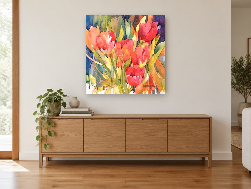 Tulips in Warm Light floral canvas print on the wall of a living room above a sideboard