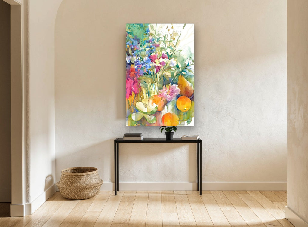 Orchard Table Bouquet floral canvas print on the wall of a hallway