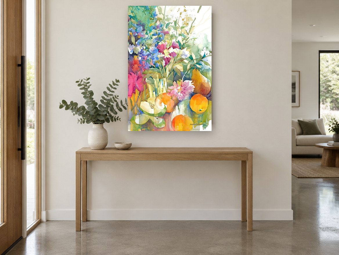 Orchard Table Bouquet floral canvas print on the wall of a entry hall