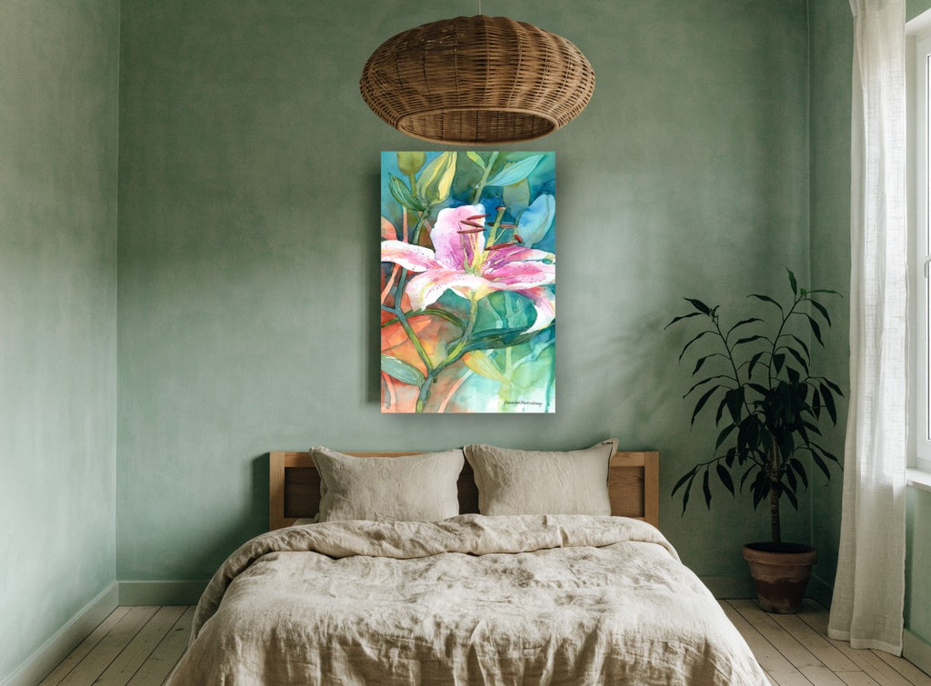 Pink Lily in Teal floral canvas print on the wall of a bedroom