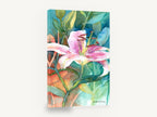 Pink Lily in Teal, pink lily watercolour floral botanical, floral canvas wall art print ready to hang