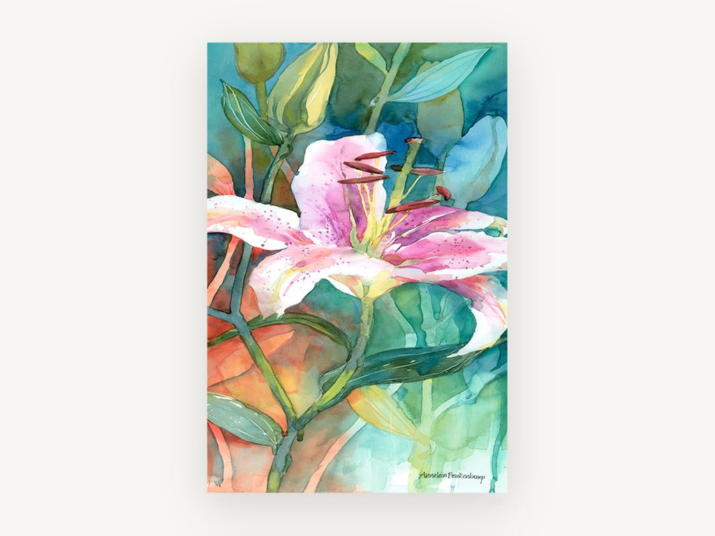 Pink Lily in Teal, floral canvas wall art print, front view