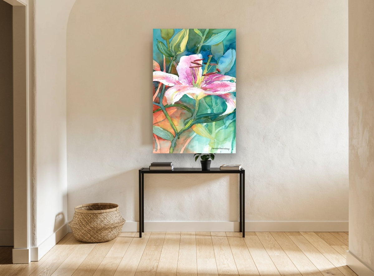 Pink Lily in Teal floral canvas print on the wall of a hallway