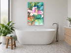 Pink Lily in Teal floral canvas print on the wall of a bathroom
