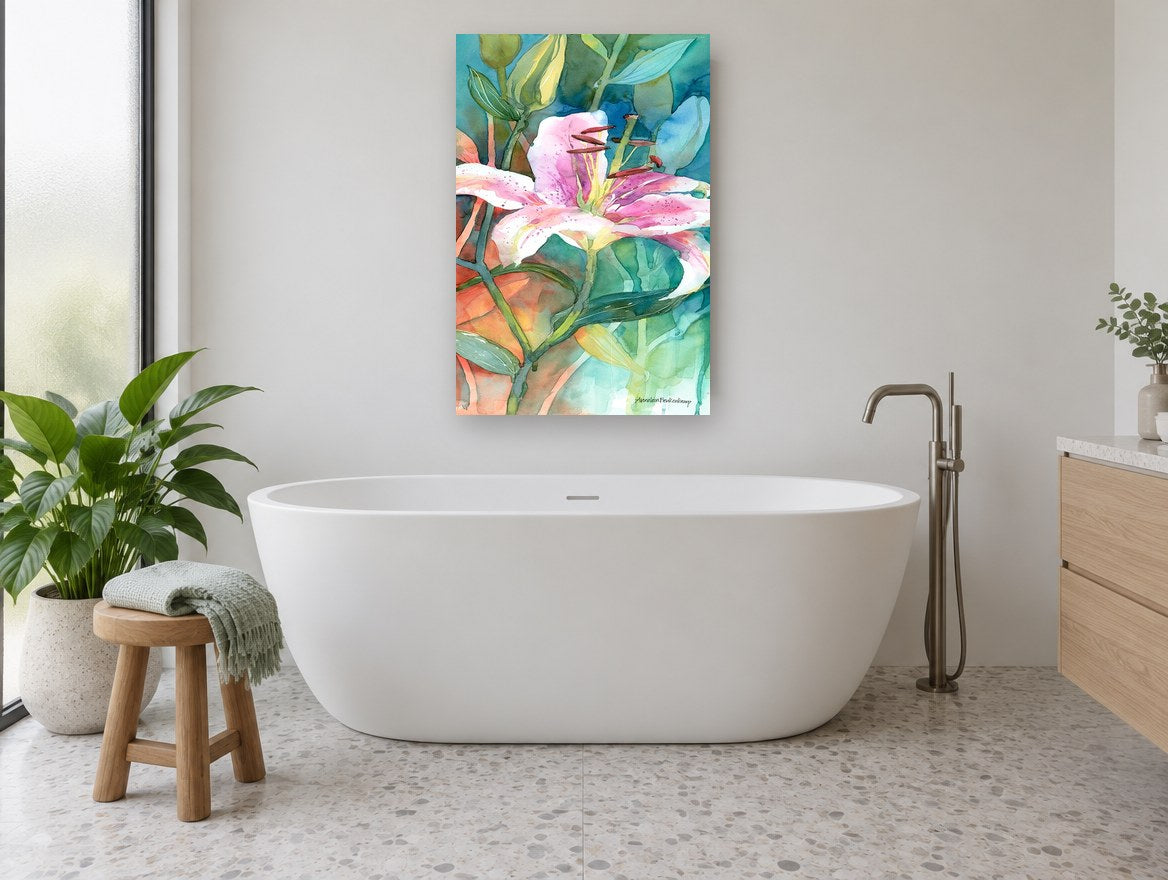 Pink Lily in Teal floral canvas print on the wall of a bathroom
