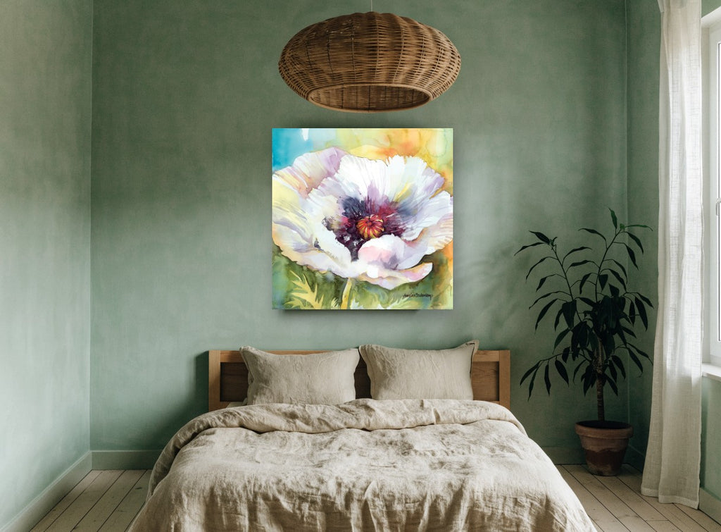 White Poppy Bloom floral canvas print on the wall of a bedroom