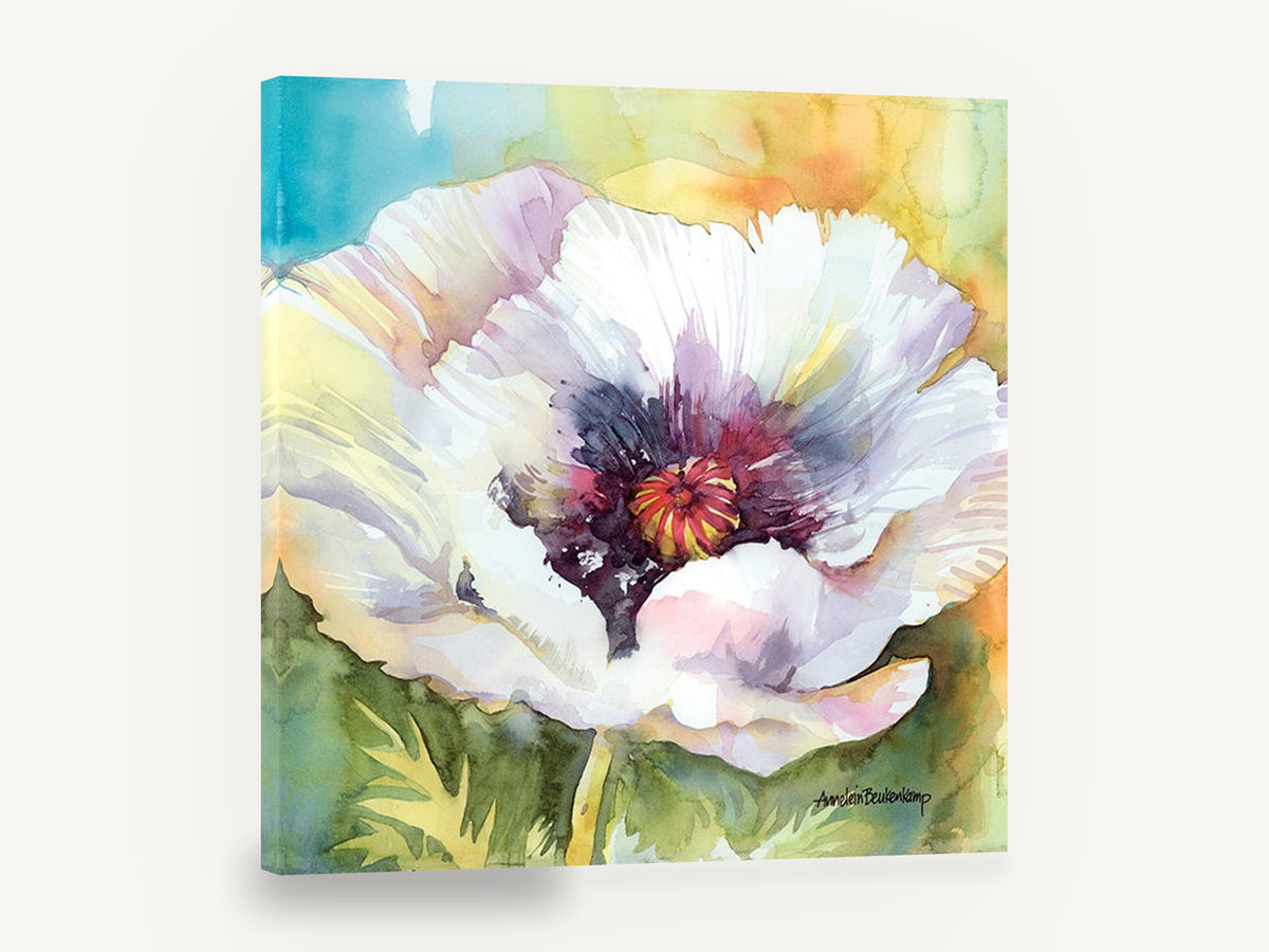 White Poppy Bloom, white poppy watercolour floral, floral canvas wall art print ready to hang