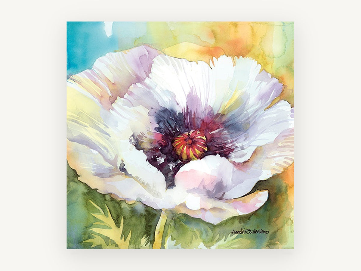 White Poppy Bloom, floral canvas wall art print, front view