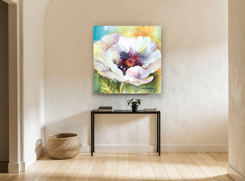 White Poppy Bloom floral canvas print on the wall of a hallway