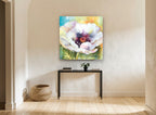 White Poppy Bloom floral canvas print on the wall of a hallway