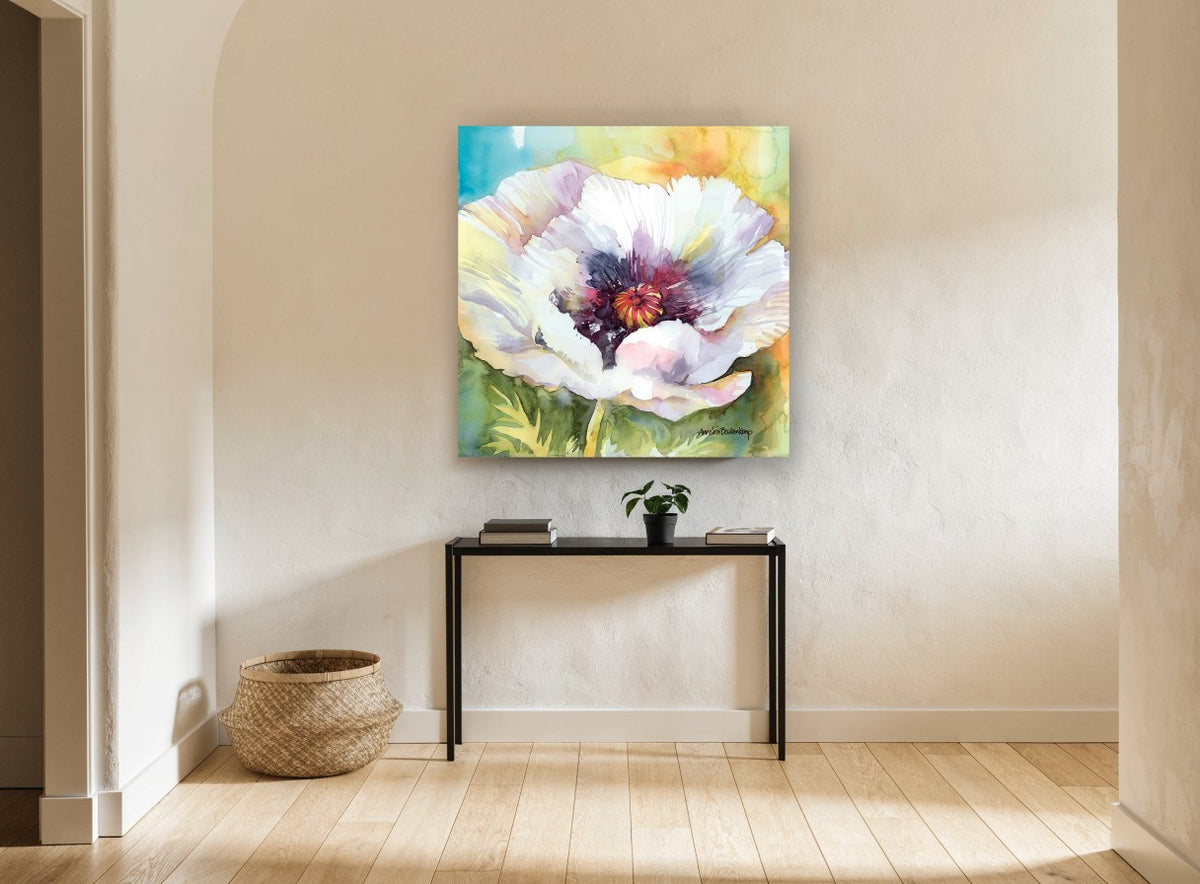 White Poppy Bloom floral canvas print on the wall of a hallway
