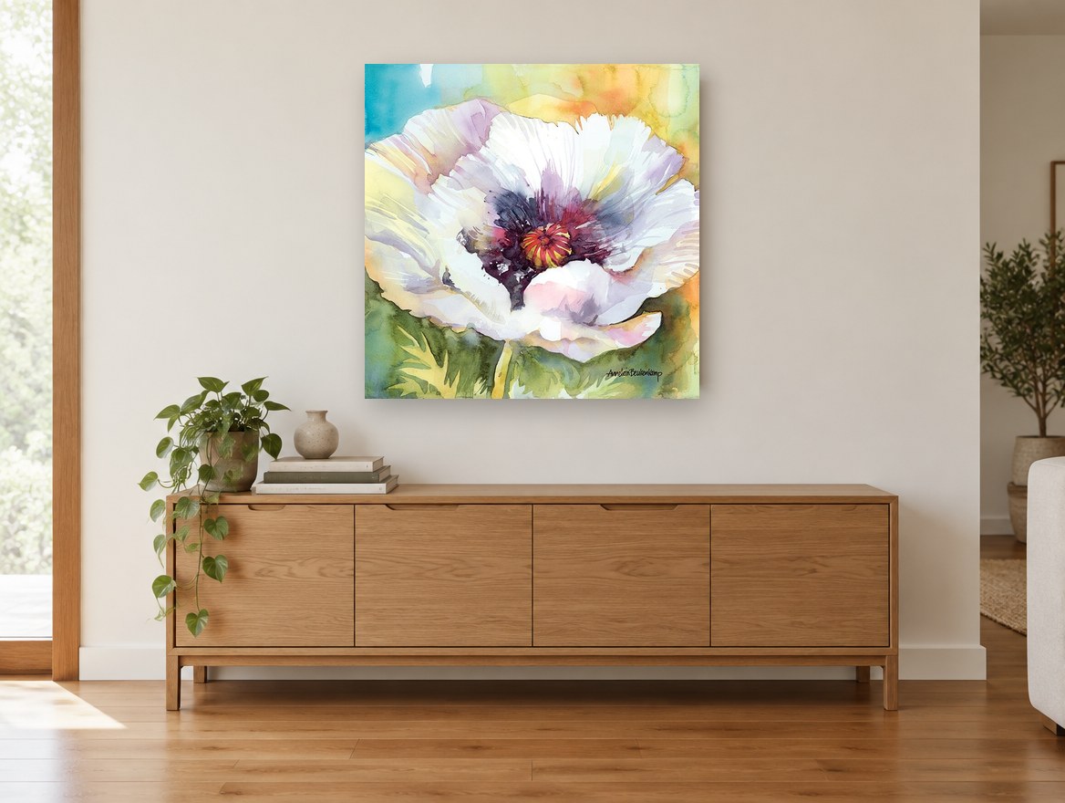 White Poppy Bloom floral canvas print on the wall of a living room above a sideboard