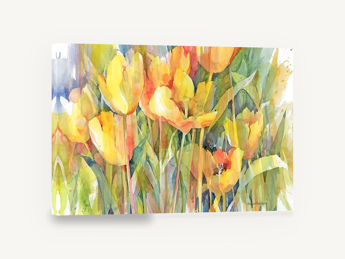 Golden Tulip Garden, yellow tulips watercolour floral, floral canvas wall art print ready to hang