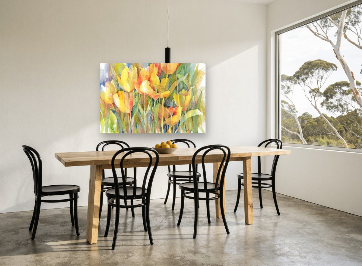 Golden Tulip Garden floral canvas print on the wall of a dining room