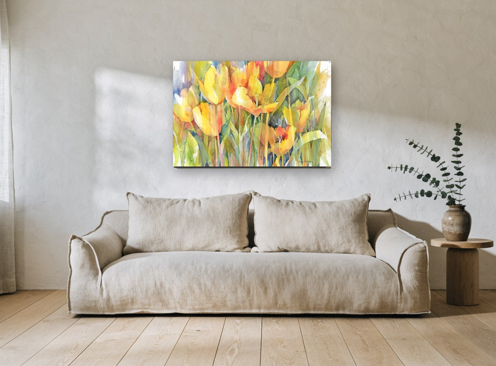 Golden Tulip Garden floral canvas print on the wall of a living room
