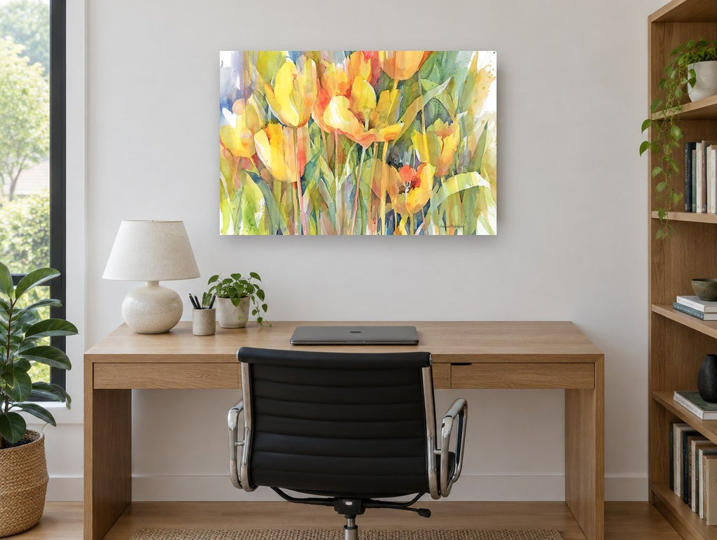 Golden Tulip Garden floral canvas print on the wall of a study