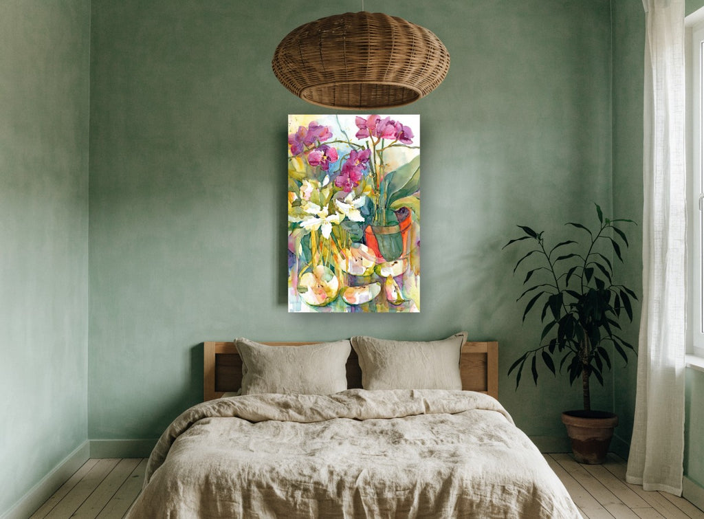 Orchids and Sliced Apples floral canvas print on the wall of a bedroom