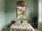 Orchids and Sliced Apples floral canvas print on the wall of a bedroom