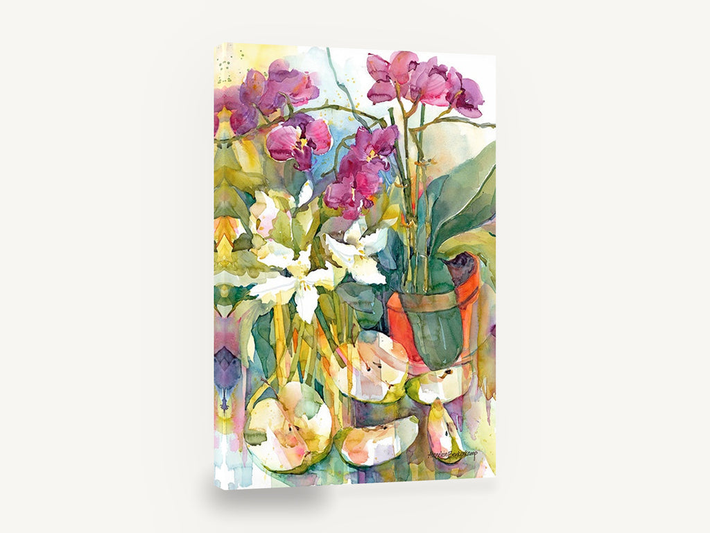 Orchids and Sliced Apples, orchids and apples watercolour still life, floral canvas wall art print ready to hang
