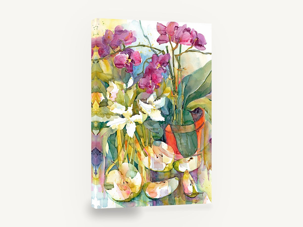 Orchids and Sliced Apples, orchids and apples watercolour still life, floral canvas wall art print ready to hang