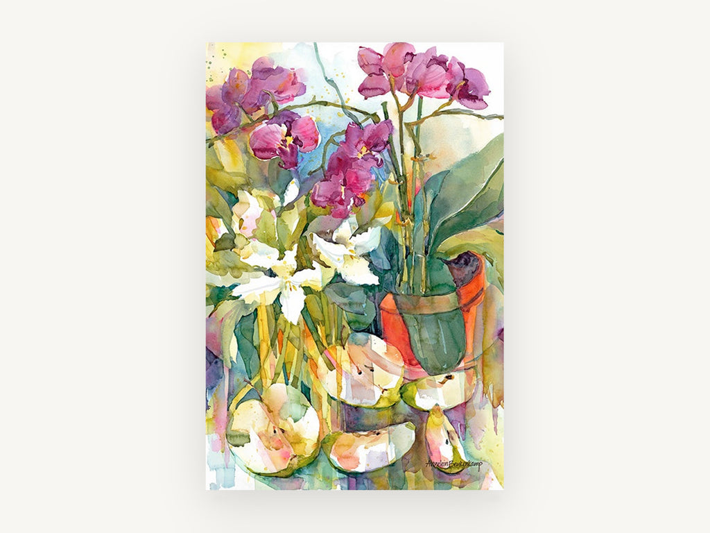 Orchids and Sliced Apples, floral canvas wall art print, front view