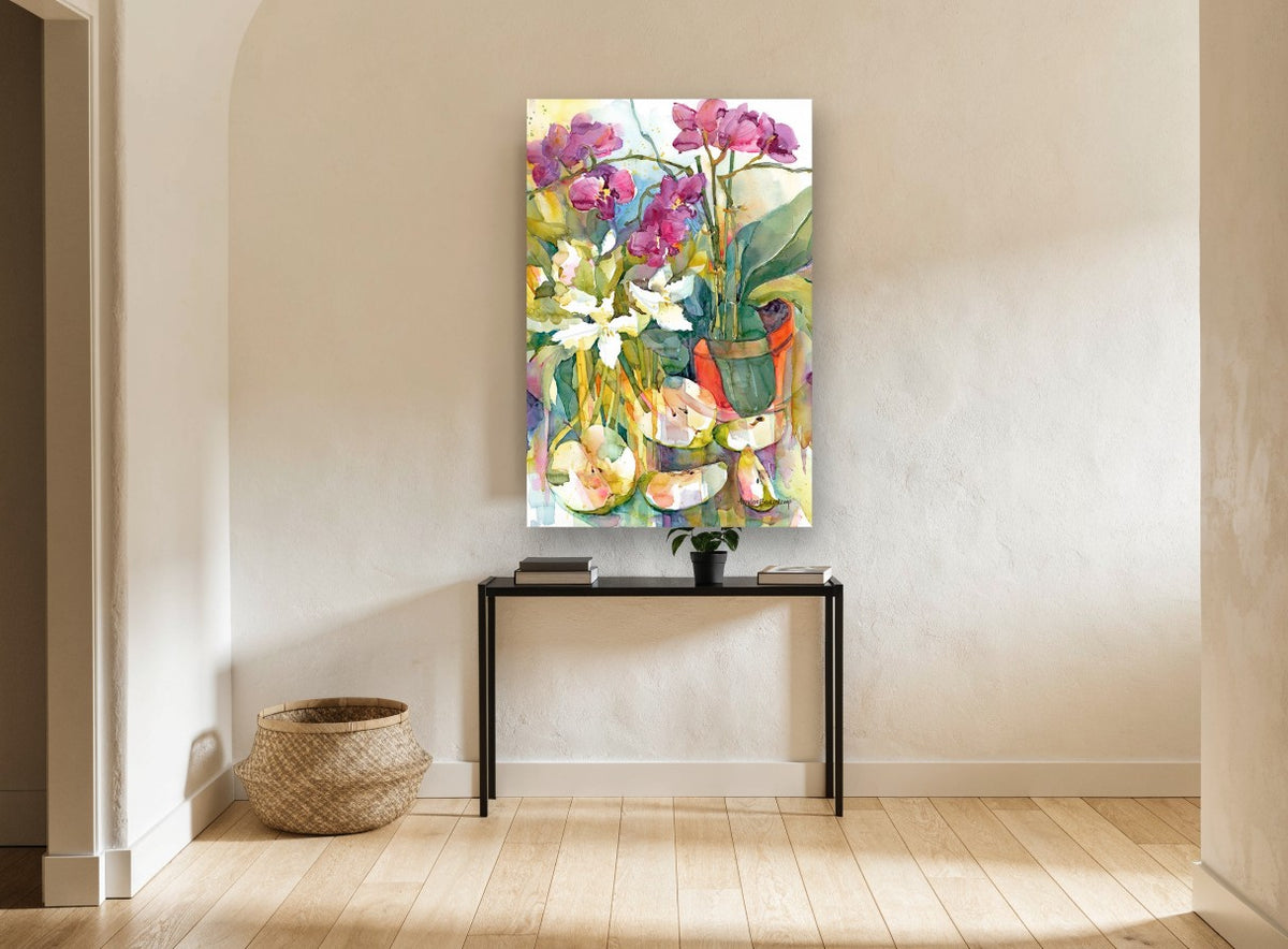 Orchids and Sliced Apples floral canvas print on the wall of a hallway