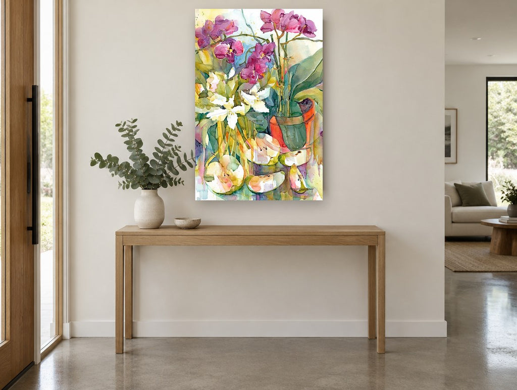 Orchids and Sliced Apples floral canvas print on the wall of a entry hall