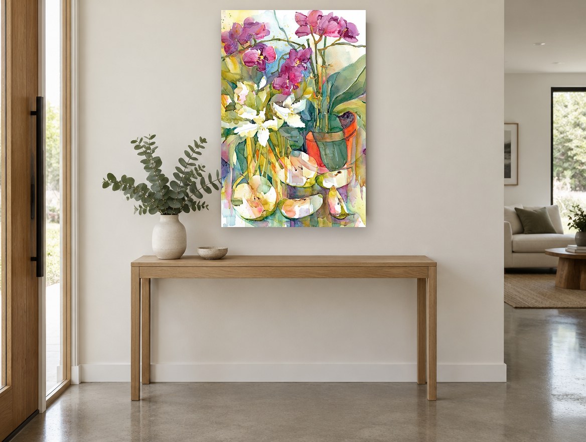 Orchids and Sliced Apples floral canvas print on the wall of a entry hall