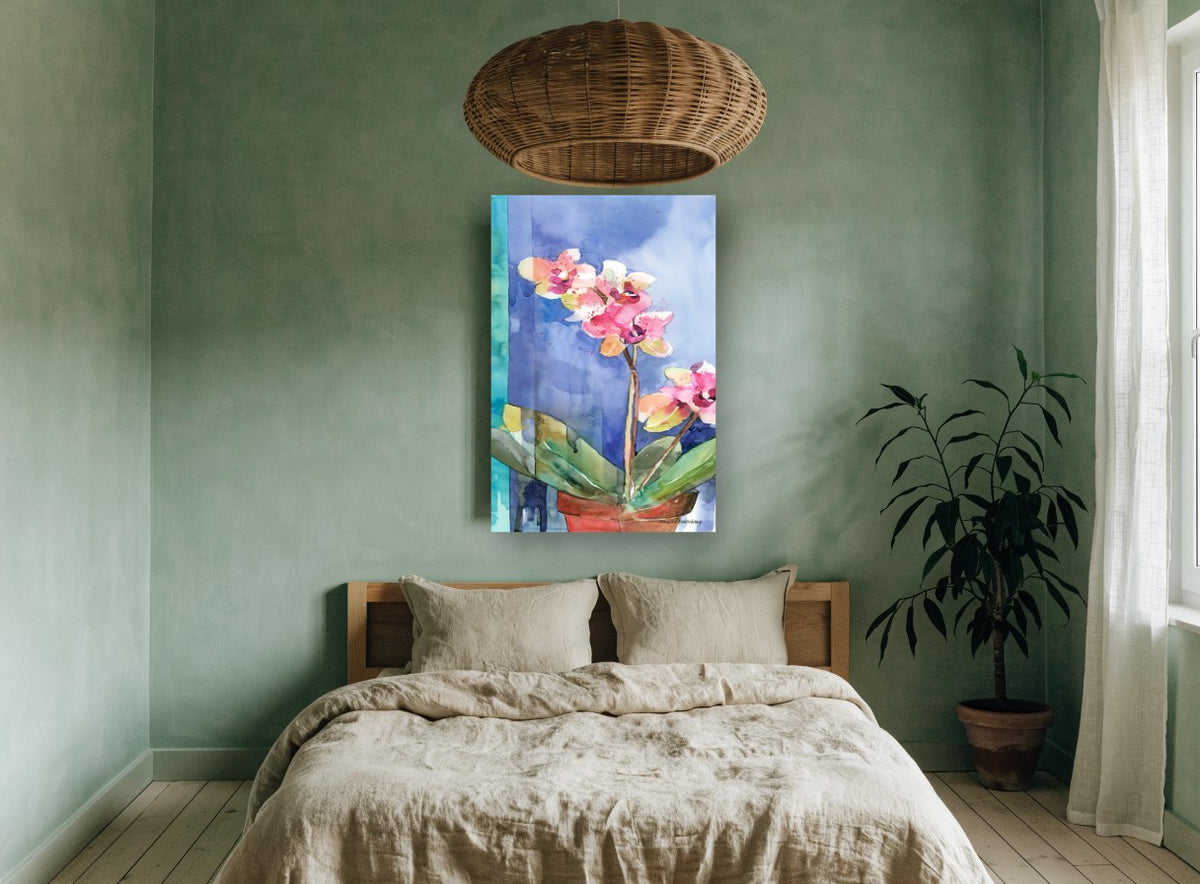 Orchid on Blue floral canvas print on the wall of a bedroom