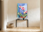 Orchid on Blue floral canvas print on the wall of a hallway