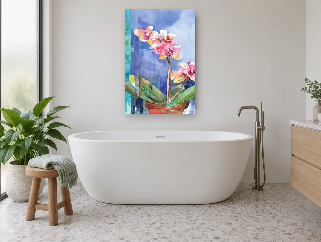 Orchid on Blue floral canvas print on the wall of a bathroom