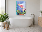 Orchid on Blue floral canvas print on the wall of a bathroom