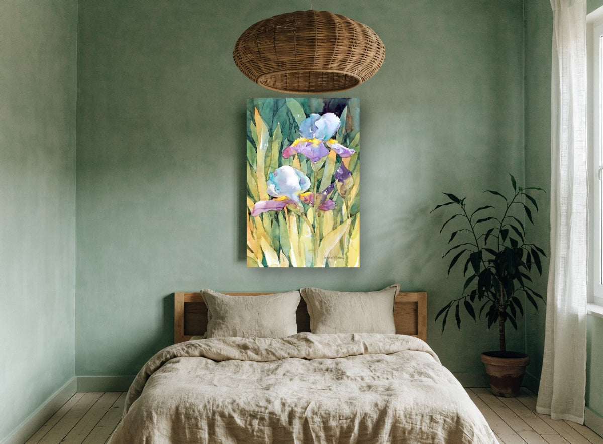 Sunlit Iris Garden floral canvas print on the wall of a bedroom