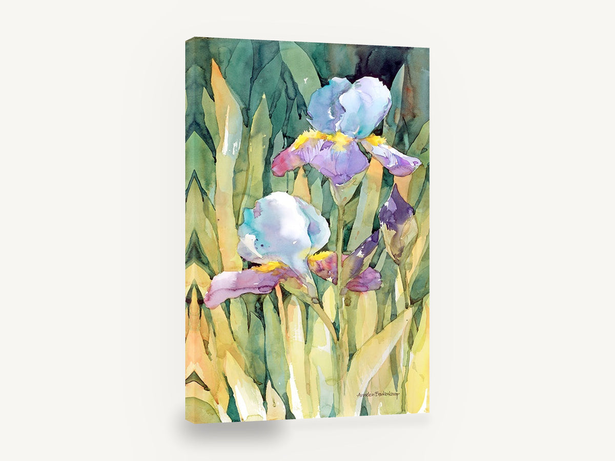 Sunlit Iris Garden, purple iris watercolour floral painting, floral canvas wall art print ready to hang