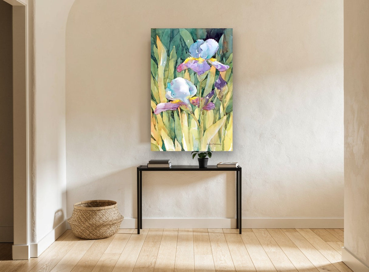 Sunlit Iris Garden floral canvas print on the wall of a hallway