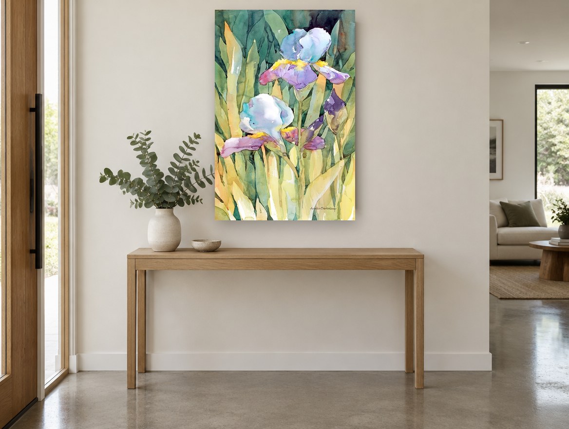Sunlit Iris Garden floral canvas print on the wall of a entry hall