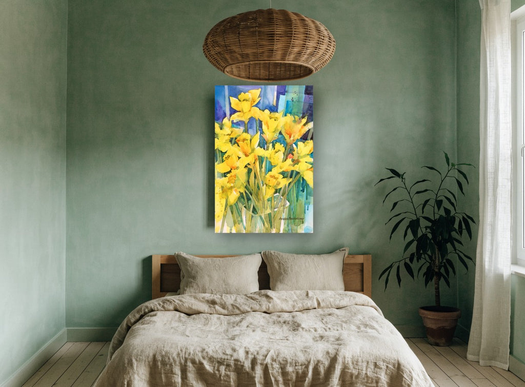 Sunlit Daffodil Bunch floral canvas print on the wall of a bedroom