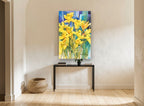 Sunlit Daffodil Bunch floral canvas print on the wall of a hallway
