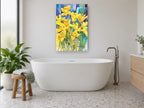 Sunlit Daffodil Bunch floral canvas print on the wall of a bathroom