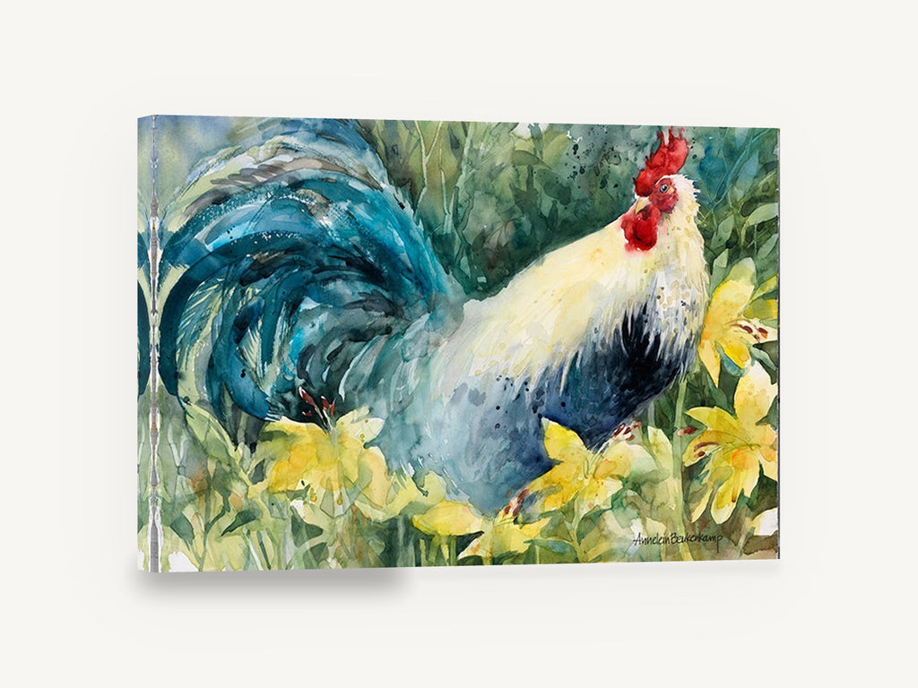Rooster in the Daylilies, rooster among yellow lilies watercolour, floral canvas wall art print ready to hang