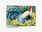 Rooster in the Daylilies, rooster among yellow lilies watercolour, floral canvas wall art print ready to hang