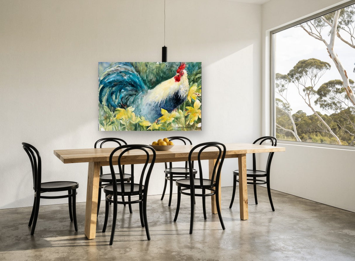 Rooster in the Daylilies floral canvas print on the wall of a dining room