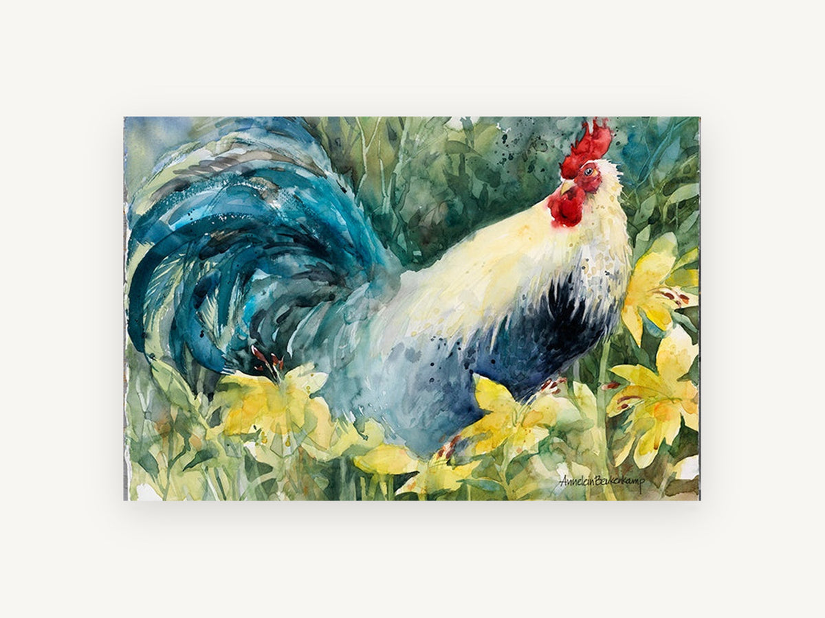 Rooster in the Daylilies, floral canvas wall art print, front view