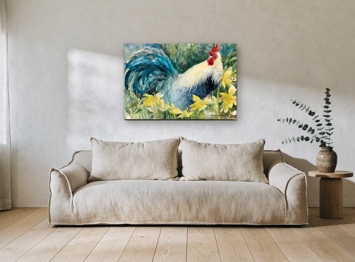 Rooster in the Daylilies floral canvas print on the wall of a living room